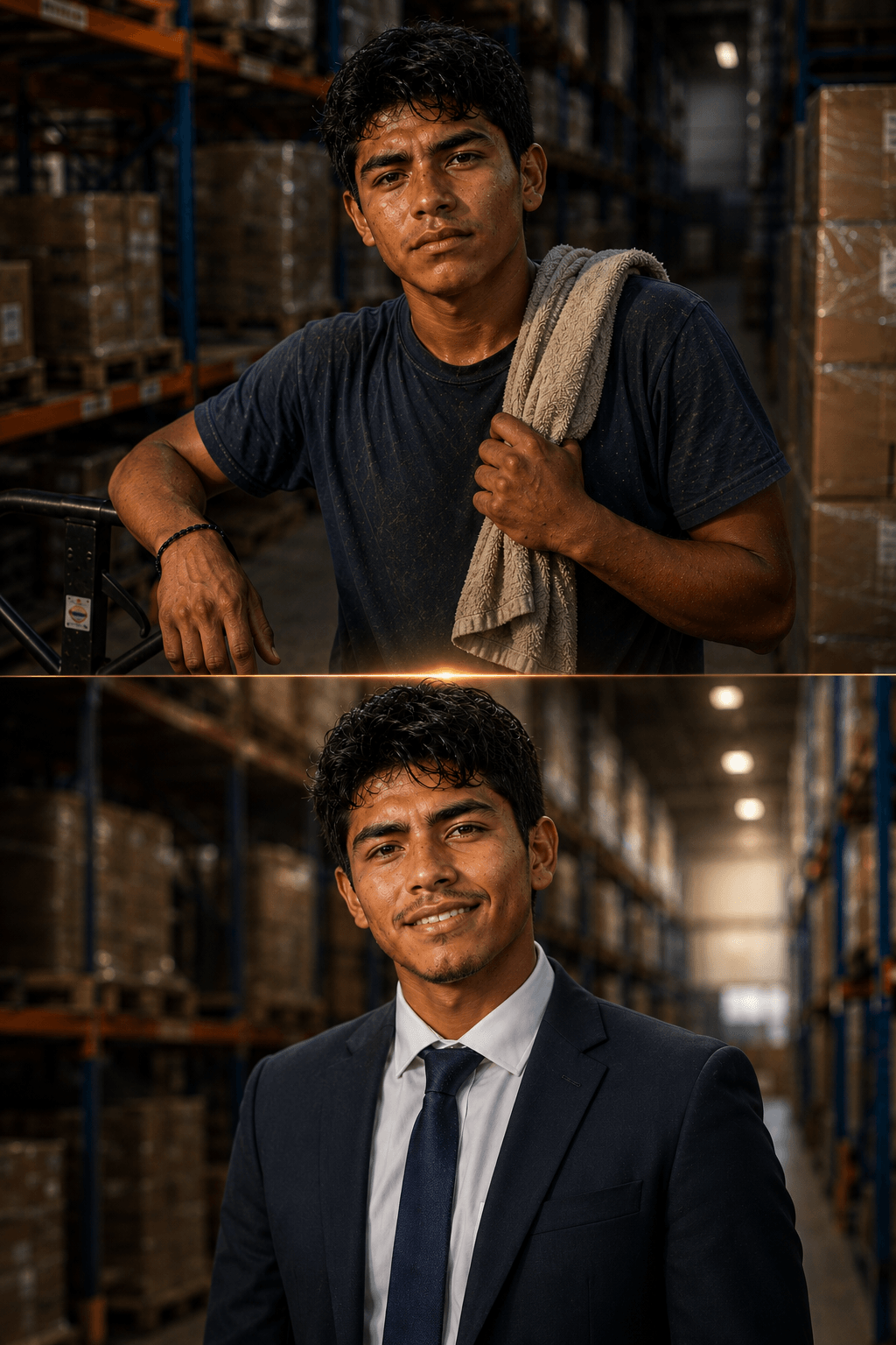Split portrait of Origen's founder — in a work t-shirt on the warehouse floor, and in a suit as an advisor.