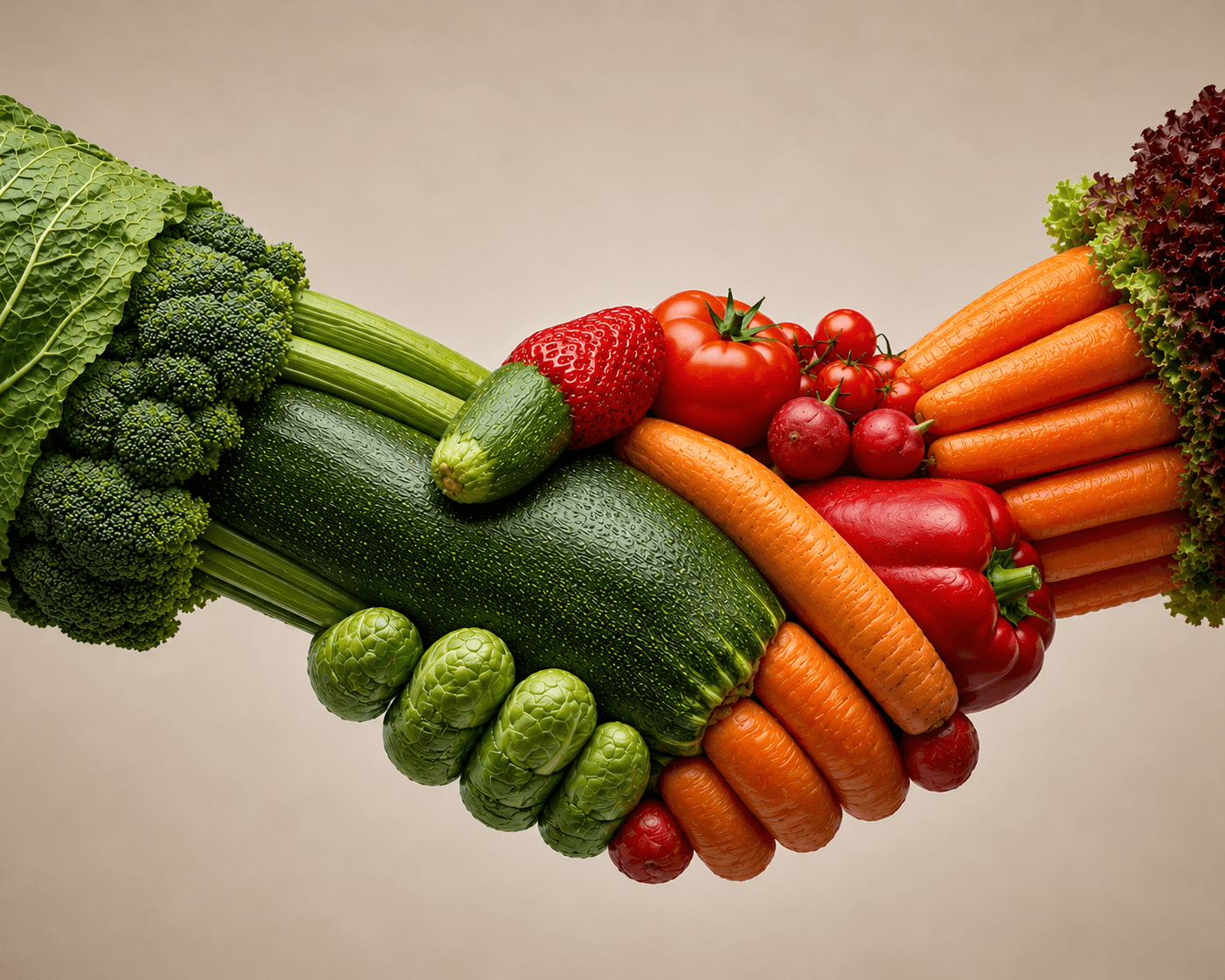 Two hands shaking, each formed from fresh vegetables and fruit — a partnership across the food supply chain.